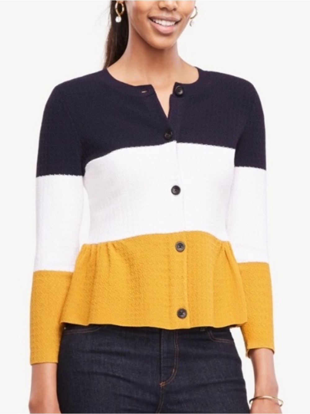 Ann Taylor Womens Colorblock Peplum Cardigan Medium Navy Mustard Preppy Mod